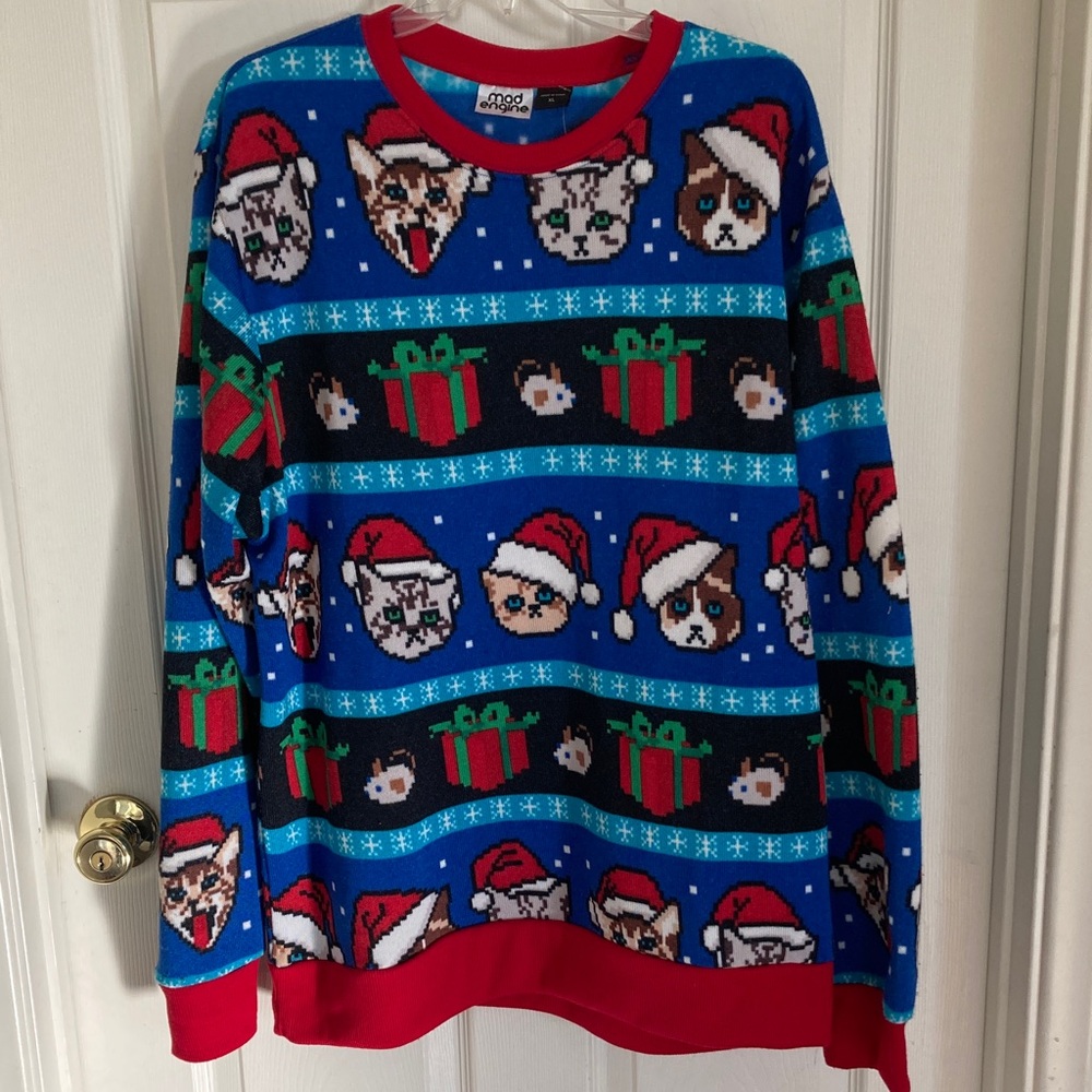 Mad Engine Christmas Sweater Ugly Sweater Festive Cat Sweater Size XL Blue Red